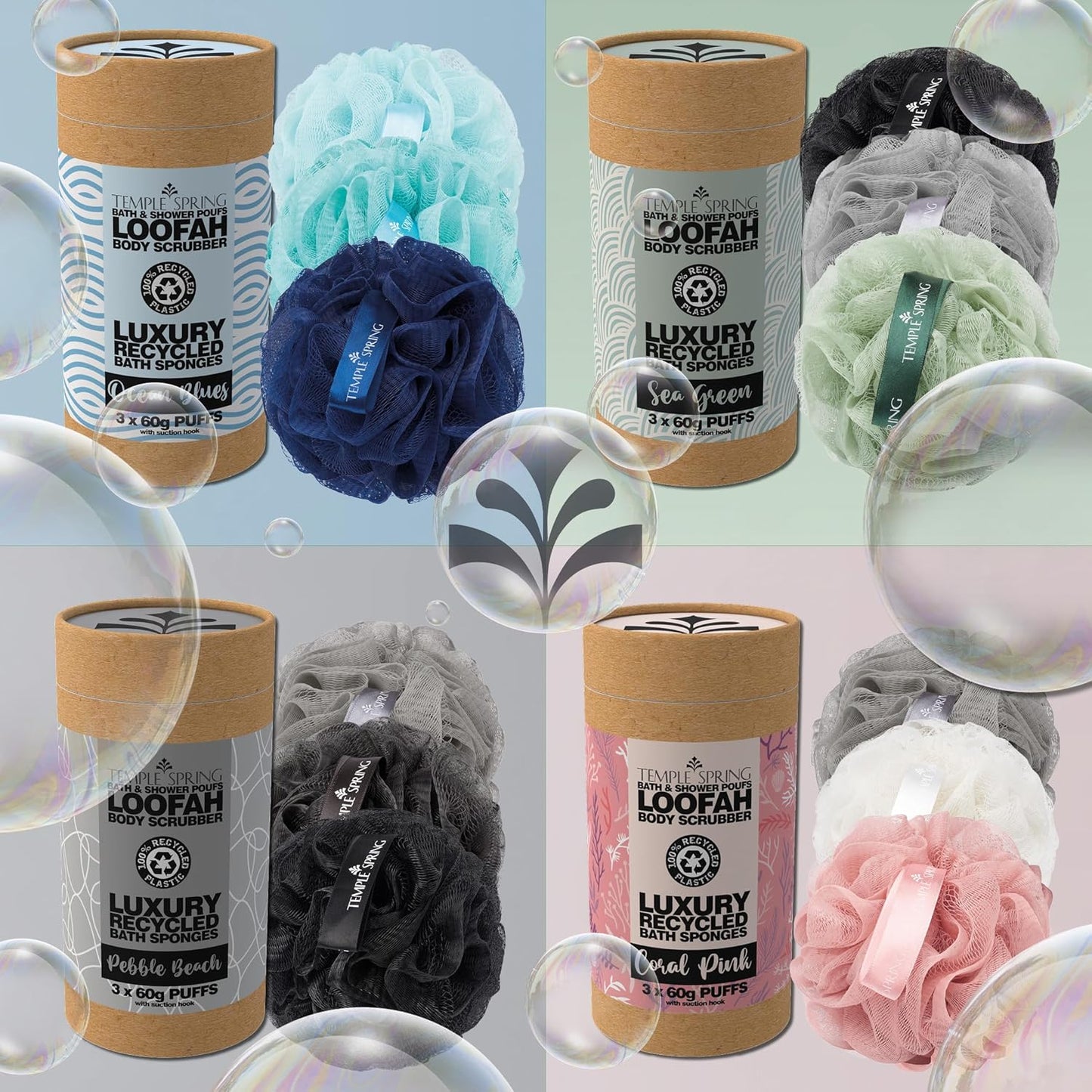 , Eco Recycled Shower Pouf, Bath Loofah, Body Brush, Mesh Sponge, Exfoliating Bath Scrunchie, Multi Pack Bathroom Puff, Toiletries, Foam Balls (Ocean Blues)