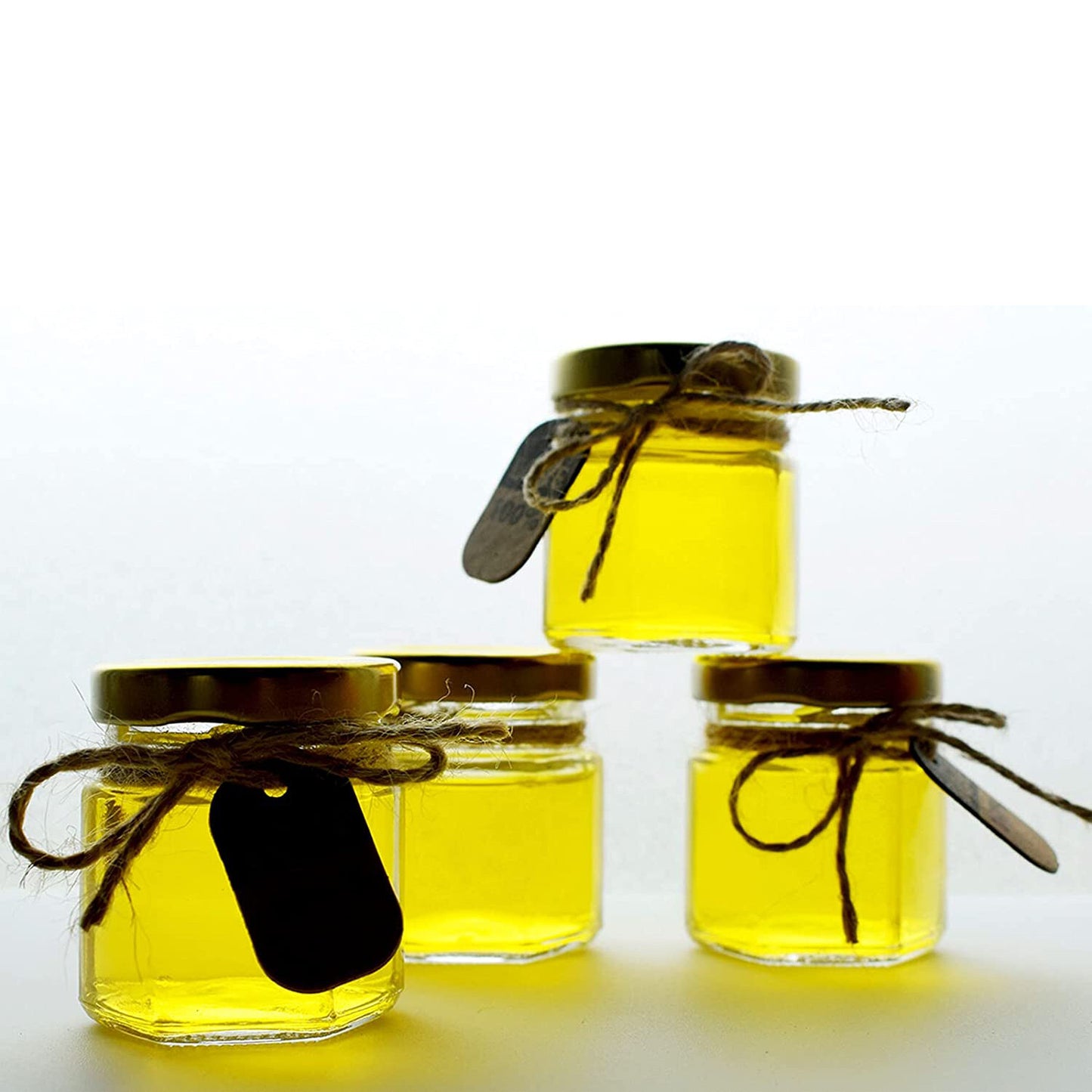 50 Hexagon Mini Glass Jar with Wood Dipper Gold Lid Bee Pendant Jute Rope Small