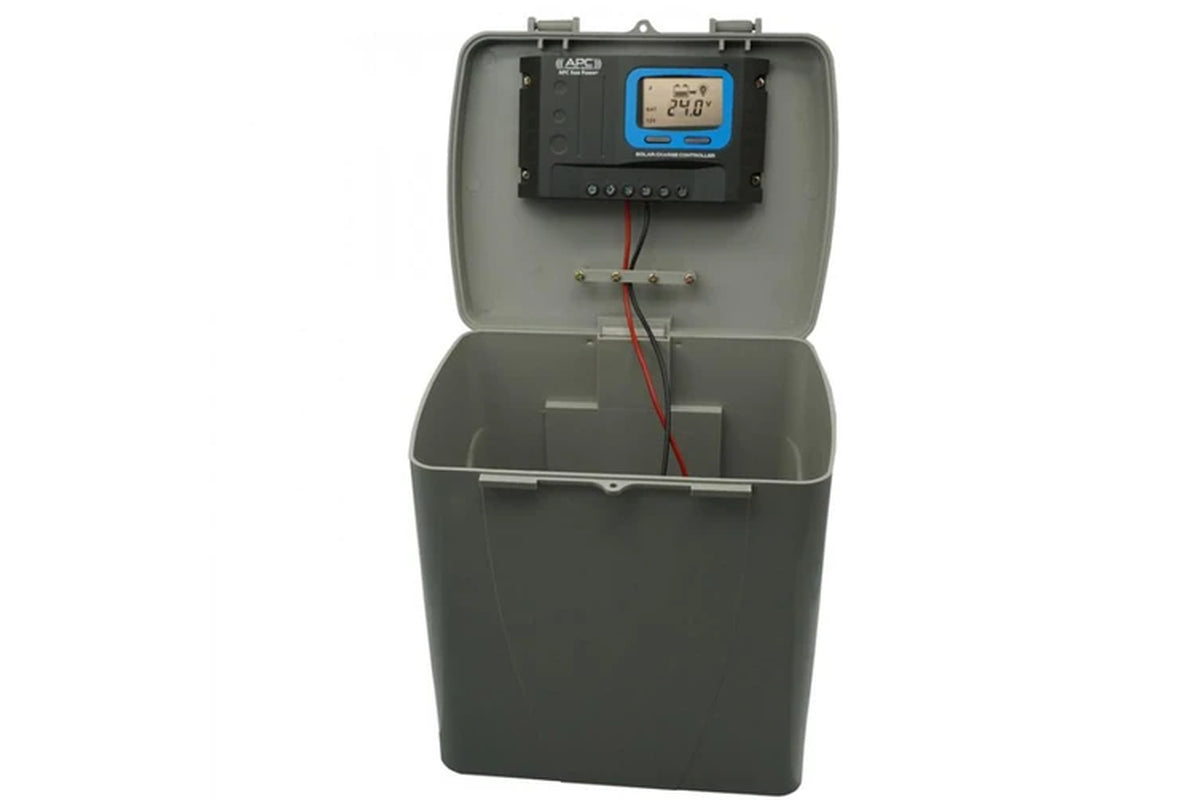 APC 24V 20 Watts Standalone Solar Kit, Uno Multipurpose Battery Box with Built in Solar Regulator, Dual 9Ah Batteries, 24V 20 Watts Solar Panel and Solar Panel Post & Bracket