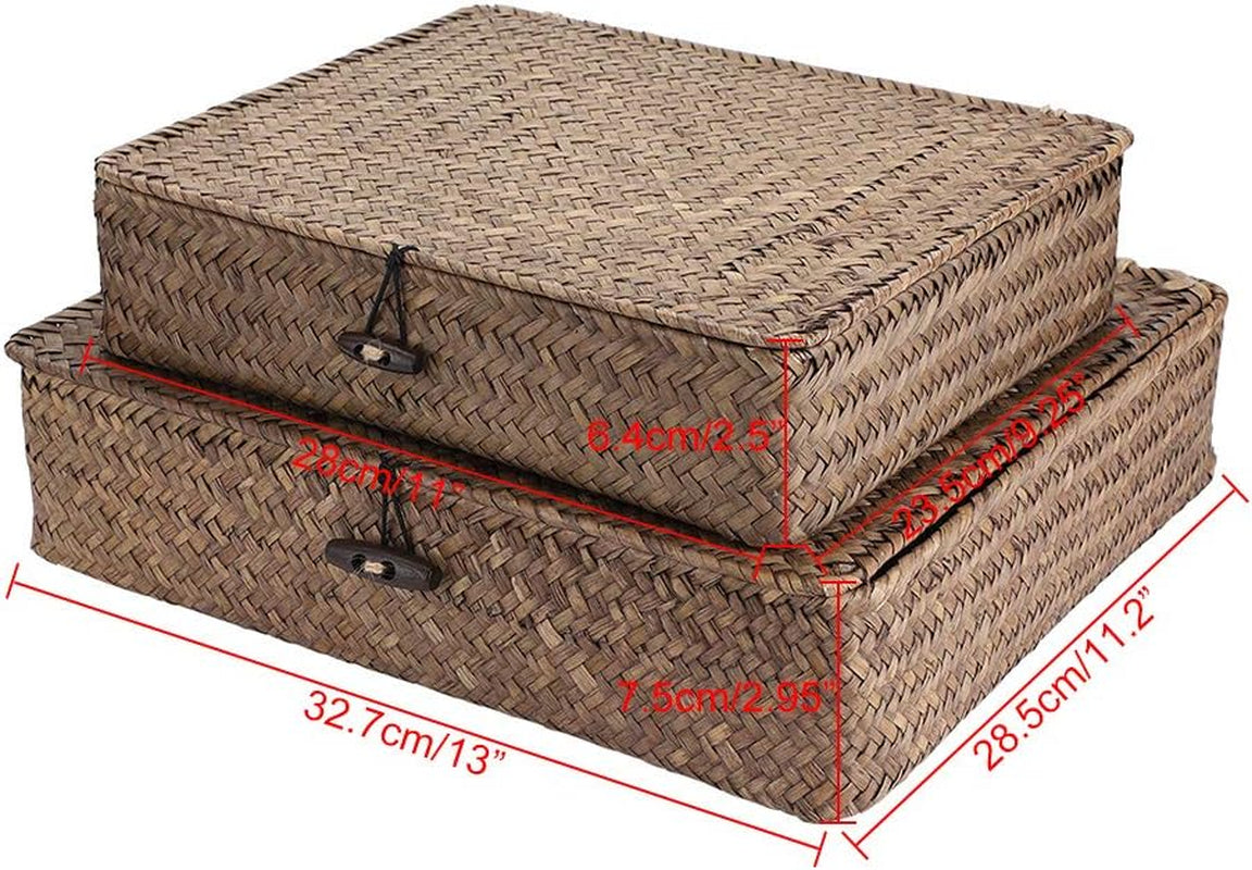 Set of 2 Flat Woven Wicker Storage Bins with Lid Natural Seagrass Basket Multipurpose Home Boxes for Shelf Organizer (Coffee)