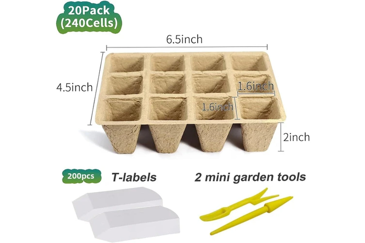 240 Cells Seed Start Tray, 20 Packs Biodegradable Peat Pots for Seedlings, Organic Germination Plant Starter Kit with 200 Labels