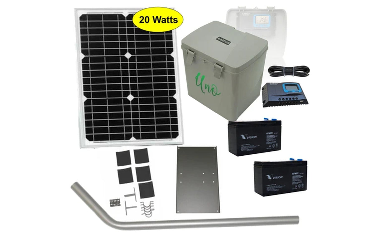 APC 24V 20 Watts Standalone Solar Kit, Uno Multipurpose Battery Box with Built in Solar Regulator, Dual 9Ah Batteries, 24V 20 Watts Solar Panel and Solar Panel Post & Bracket