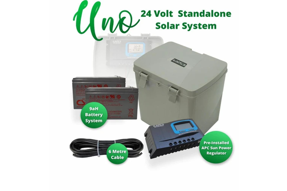 APC 24V 20 Watts Standalone Solar Kit, Uno Multipurpose Battery Box with Built in Solar Regulator, Dual 9Ah Batteries, 24V 20 Watts Solar Panel and Solar Panel Post & Bracket