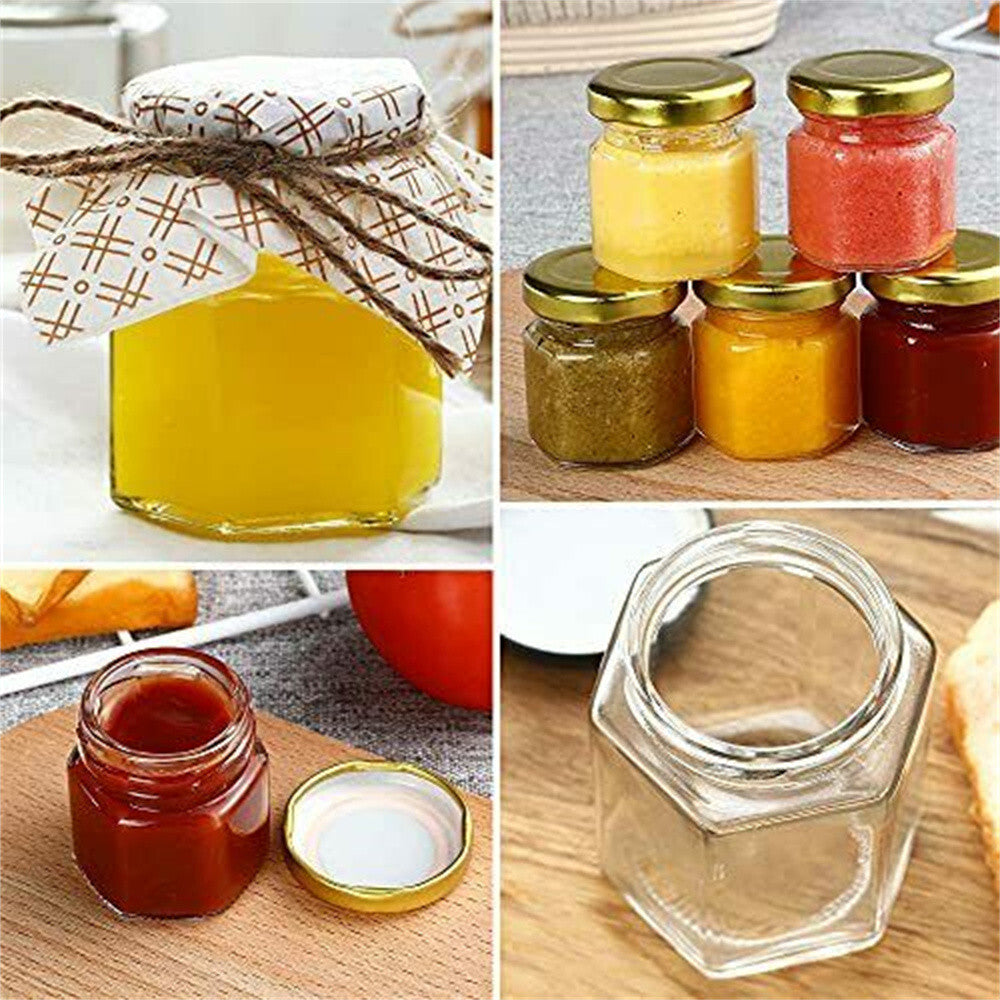 50 Hexagon Mini Glass Jar with Wood Dipper Gold Lid Bee Pendant Jute Rope Small