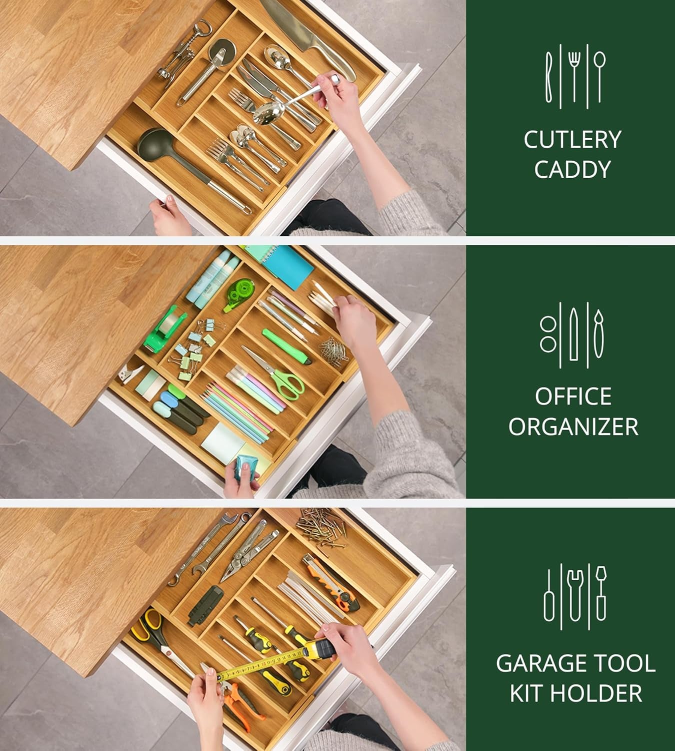 Bamboo Kitchen Drawer Organizer - Expandable Silverware Organizer/Utensil Holder and Cutlery Tray with Grooved Drawer Dividers for Flatware and Kitchen Utensils