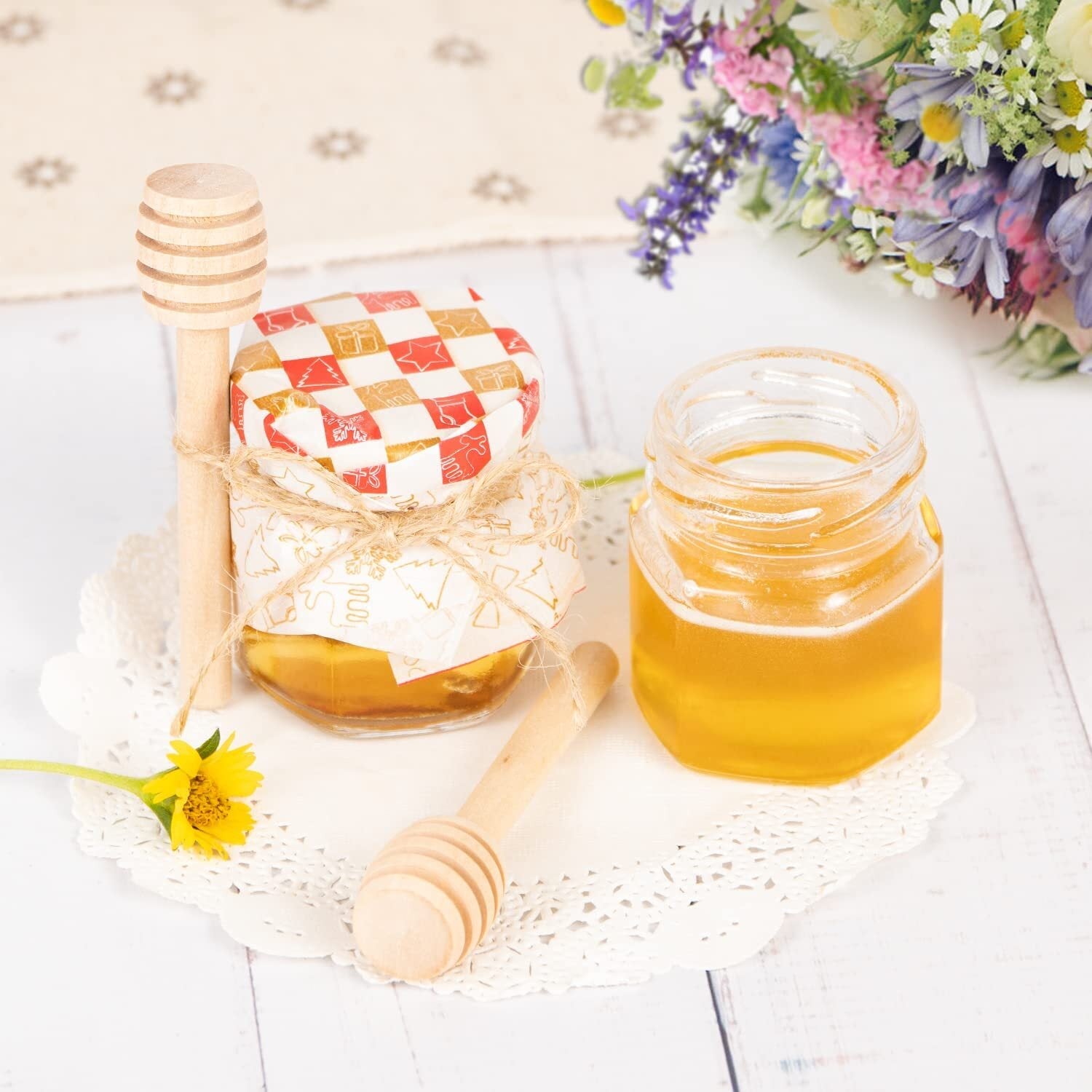 50 Hexagon Mini Glass Jar with Wood Dipper Gold Lid Bee Pendant Jute Rope Small