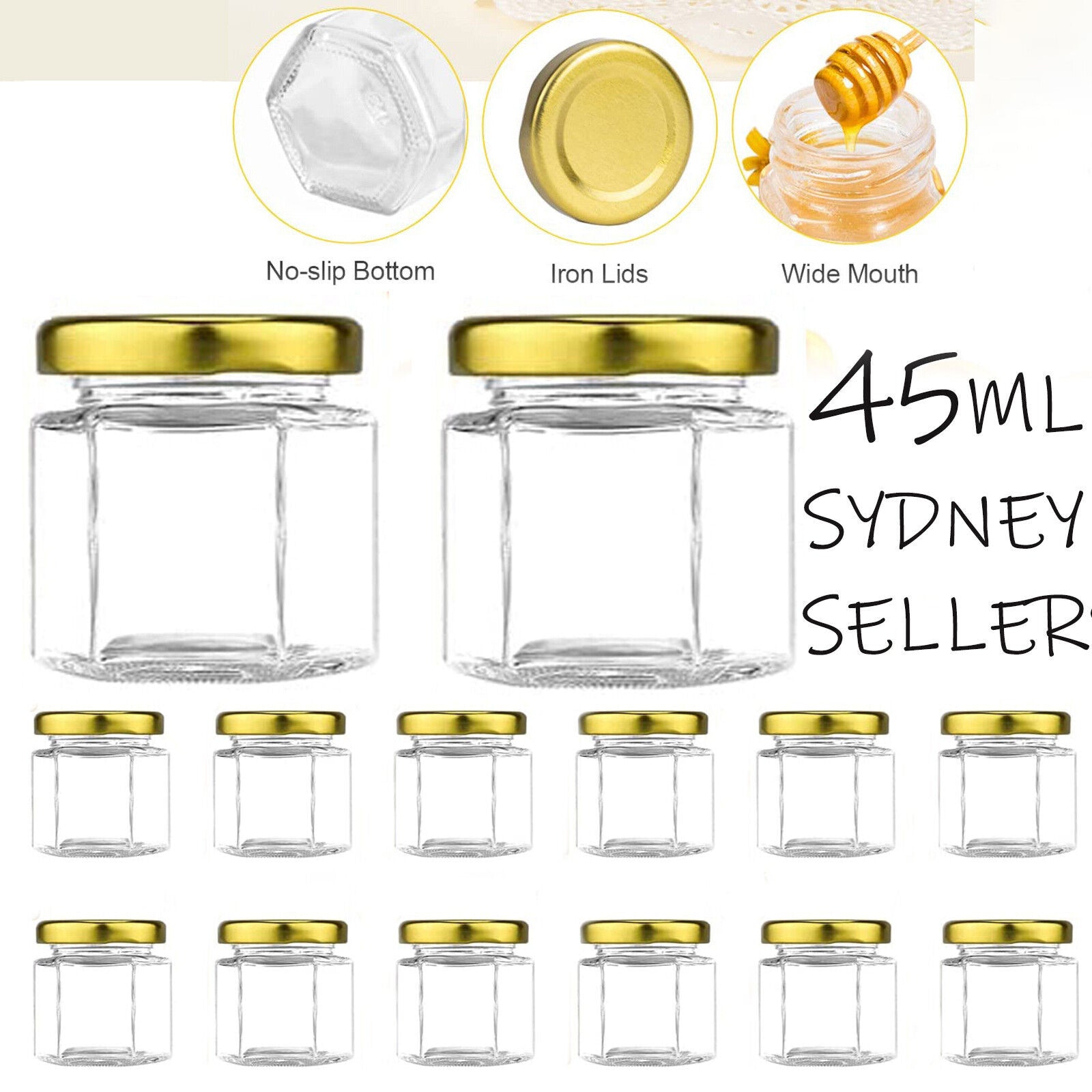 50 Hexagon Mini Glass Jar with Wood Dipper Gold Lid Bee Pendant Jute Rope Small