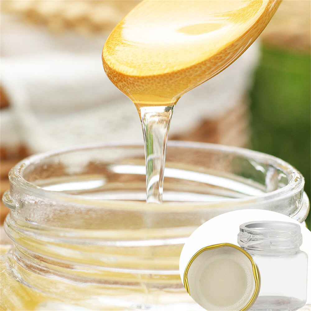 50 Hexagon Mini Glass Jar with Wood Dipper Gold Lid Bee Pendant Jute Rope Small
