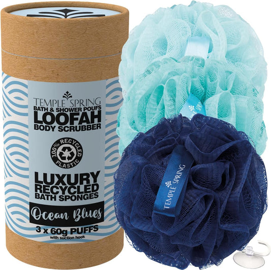 , Eco Recycled Shower Pouf, Bath Loofah, Body Brush, Mesh Sponge, Exfoliating Bath Scrunchie, Multi Pack Bathroom Puff, Toiletries, Foam Balls (Ocean Blues)