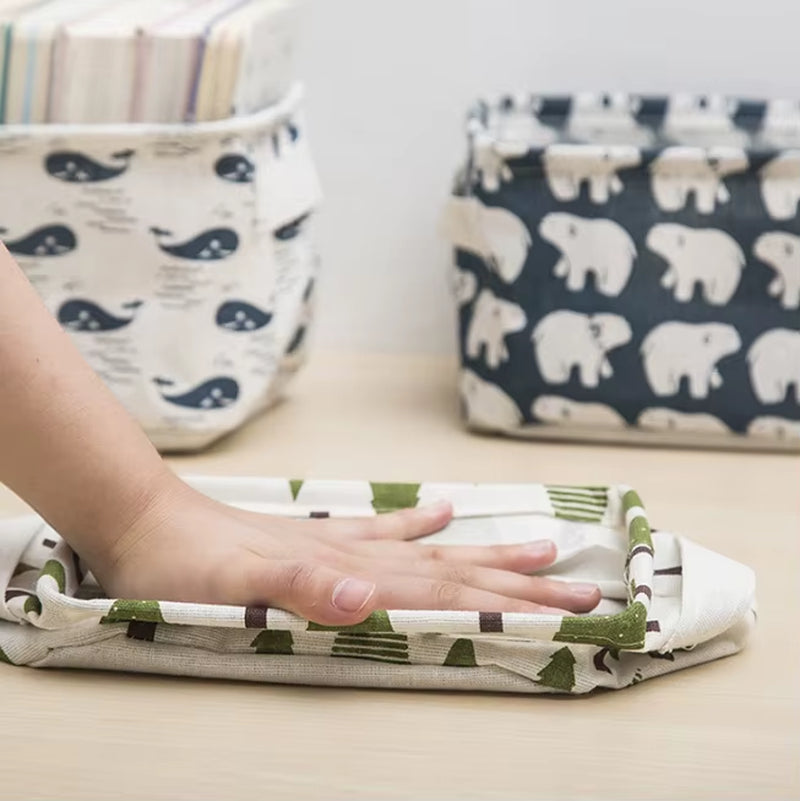 Small Foldable Canvas Storage Basket with Handle Cotton and Linen Desktop Storage Box Small Fresh Waterproof Storage Basket 1PC