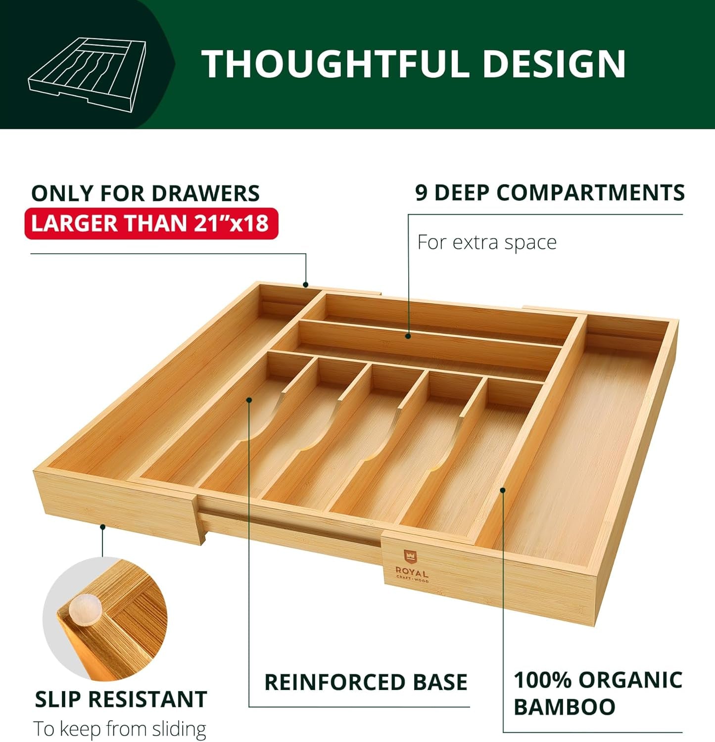 Bamboo Kitchen Drawer Organizer - Expandable Silverware Organizer/Utensil Holder and Cutlery Tray with Grooved Drawer Dividers for Flatware and Kitchen Utensils