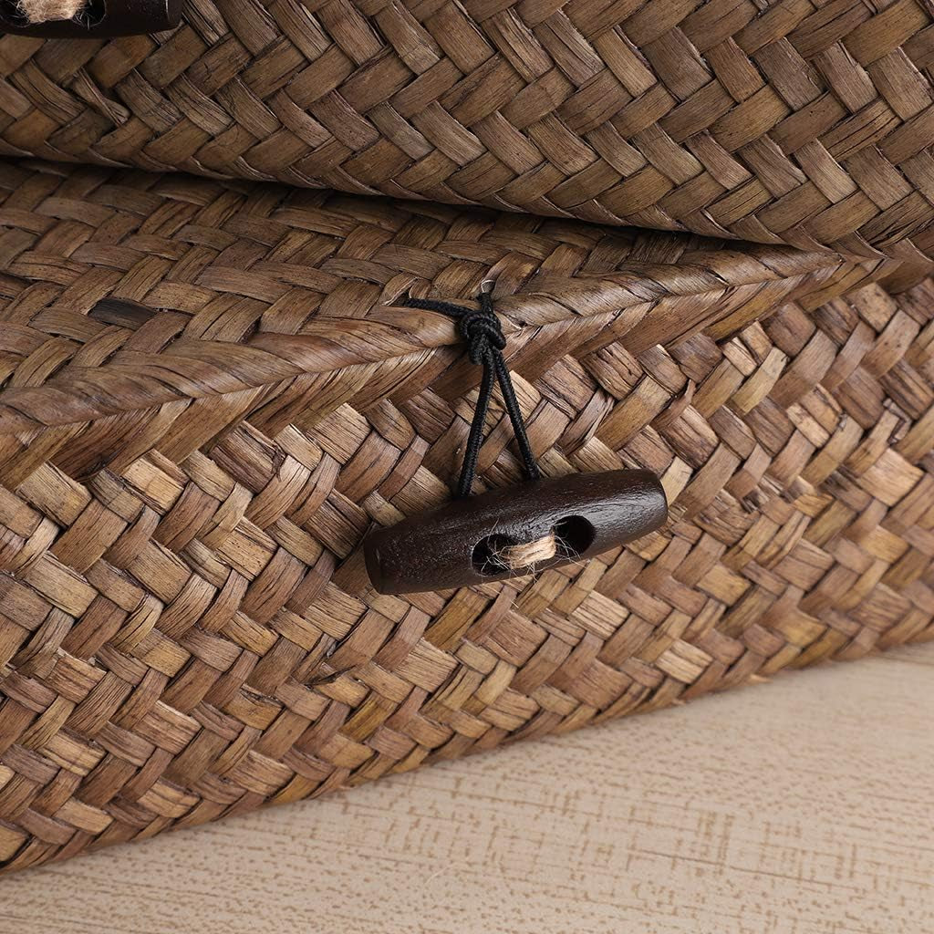 Set of 2 Flat Woven Wicker Storage Bins with Lid Natural Seagrass Basket Multipurpose Home Boxes for Shelf Organizer (Coffee)