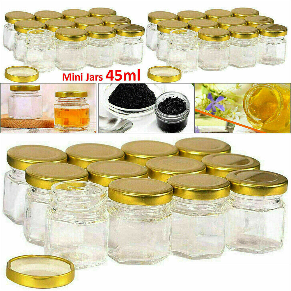 50 Hexagon Mini Glass Jar with Wood Dipper Gold Lid Bee Pendant Jute Rope Small