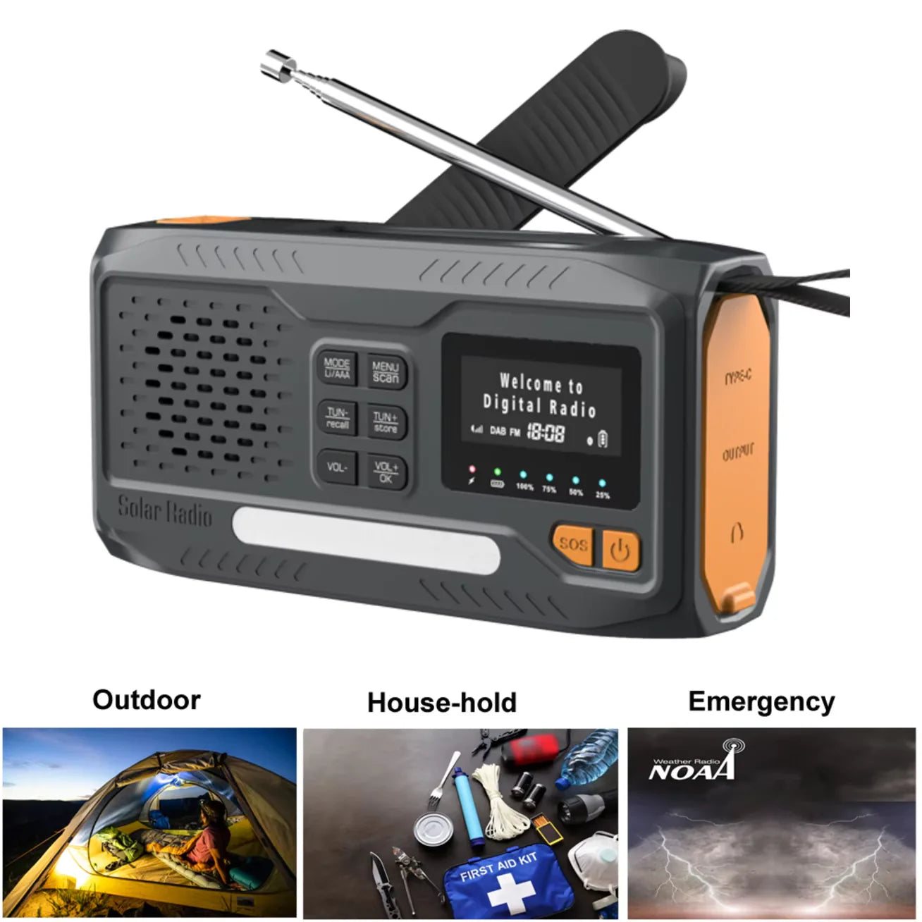 Solar Hand Crank Emergency Radio – Bluetooth, DAB+/FM, 4000Mah Power Bank, LED Torch & SOS Alarm