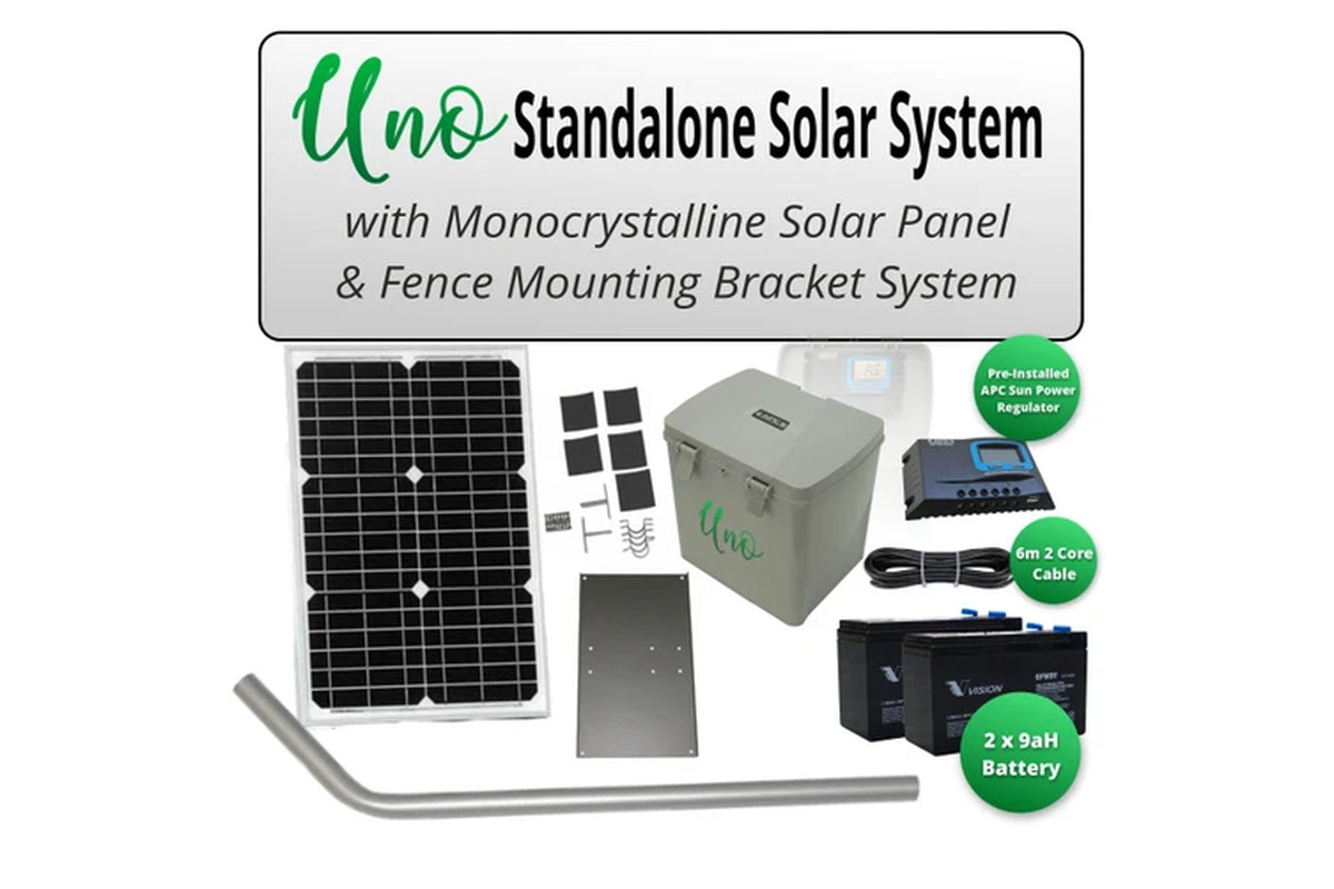 APC 24V 20 Watts Standalone Solar Kit, Uno Multipurpose Battery Box with Built in Solar Regulator, Dual 9Ah Batteries, 24V 20 Watts Solar Panel and Solar Panel Post & Bracket