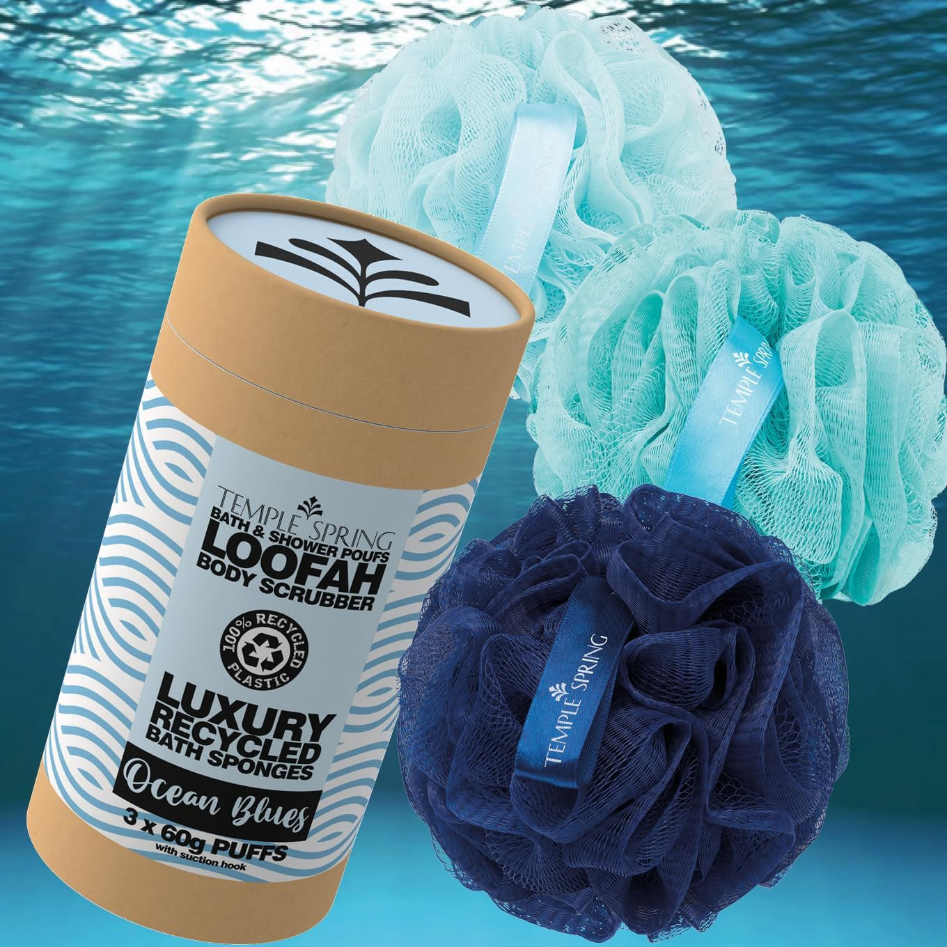 , Eco Recycled Shower Pouf, Bath Loofah, Body Brush, Mesh Sponge, Exfoliating Bath Scrunchie, Multi Pack Bathroom Puff, Toiletries, Foam Balls (Ocean Blues)