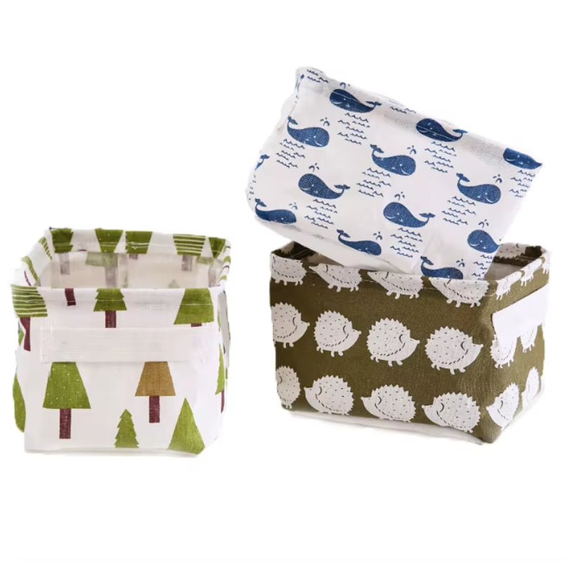 Small Foldable Canvas Storage Basket with Handle Cotton and Linen Desktop Storage Box Small Fresh Waterproof Storage Basket 1PC