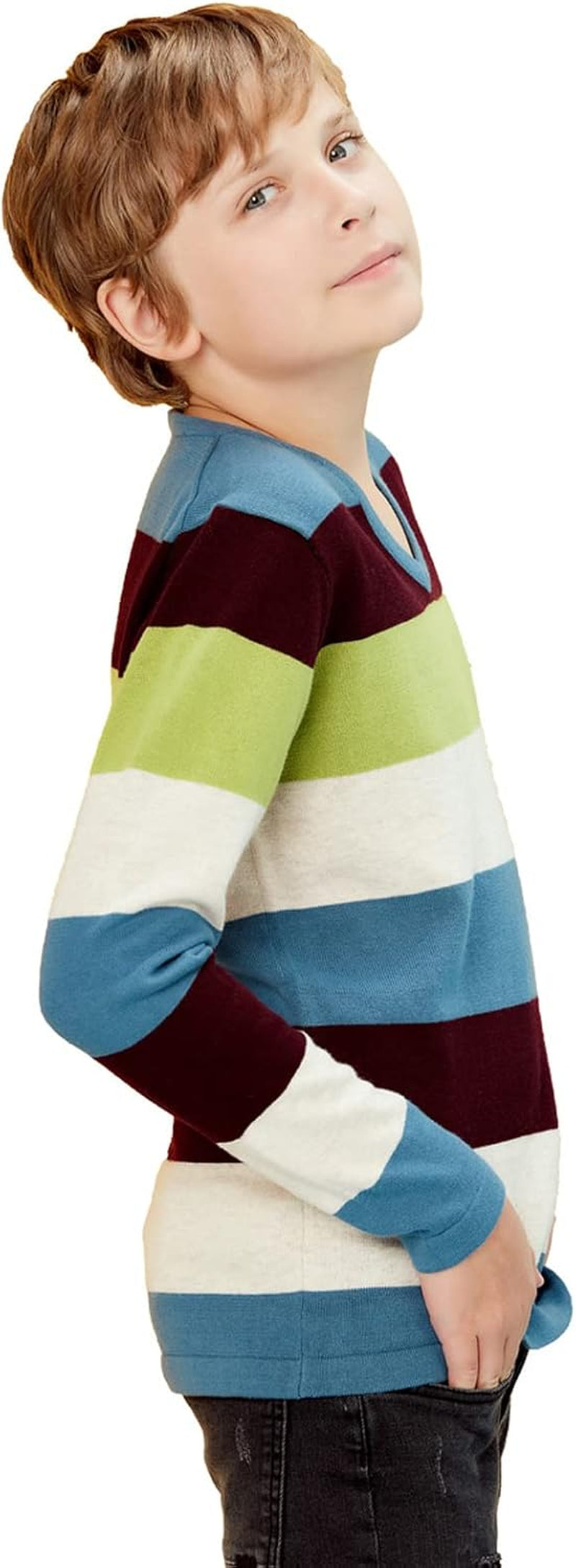 Boy'S Long-Sleeve Sweater Pullover V-Neck 100% Cotton Multicolor Stripe