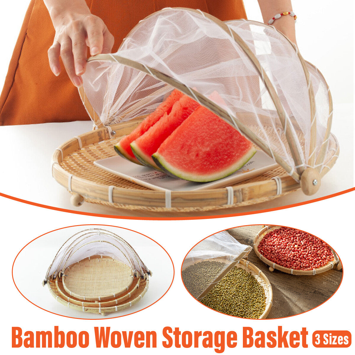 Bamboo Storage Basket with Mesh Cover for Fruit Vegetables Food Bread Kitchen AU