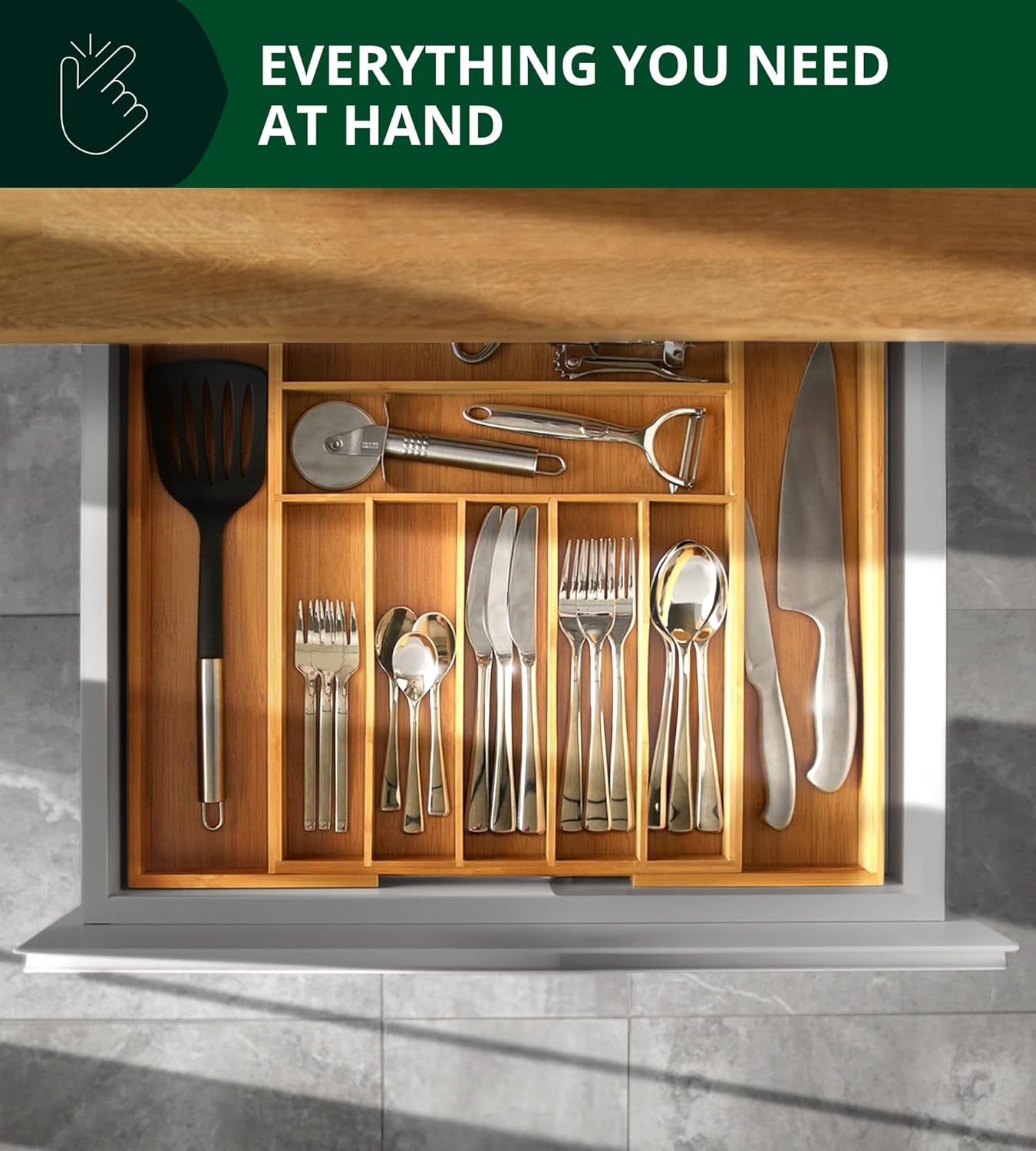 Bamboo Kitchen Drawer Organizer - Expandable Silverware Organizer/Utensil Holder and Cutlery Tray with Grooved Drawer Dividers for Flatware and Kitchen Utensils