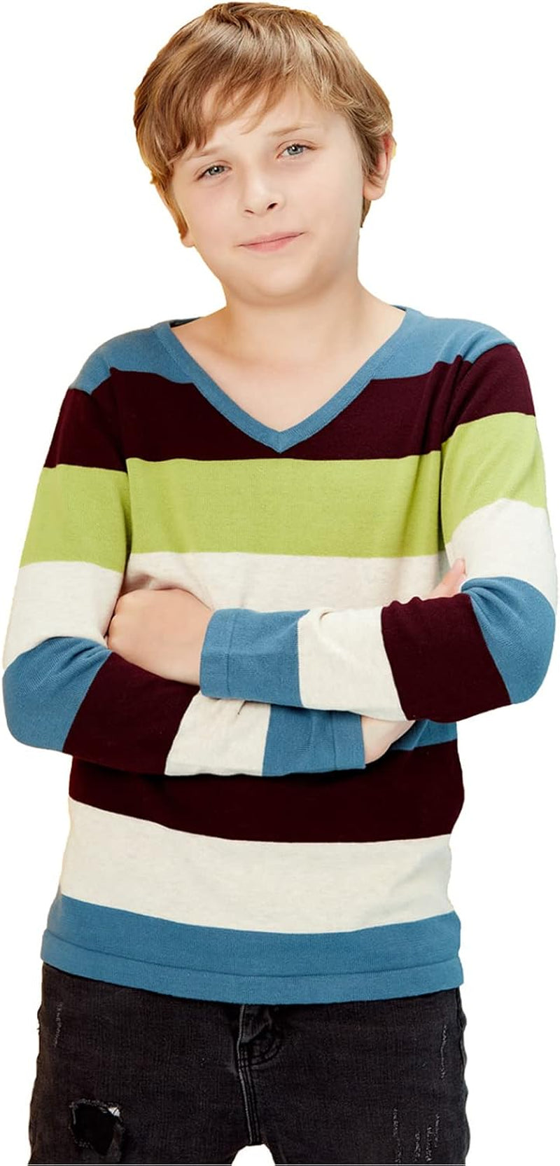 Boy'S Long-Sleeve Sweater Pullover V-Neck 100% Cotton Multicolor Stripe