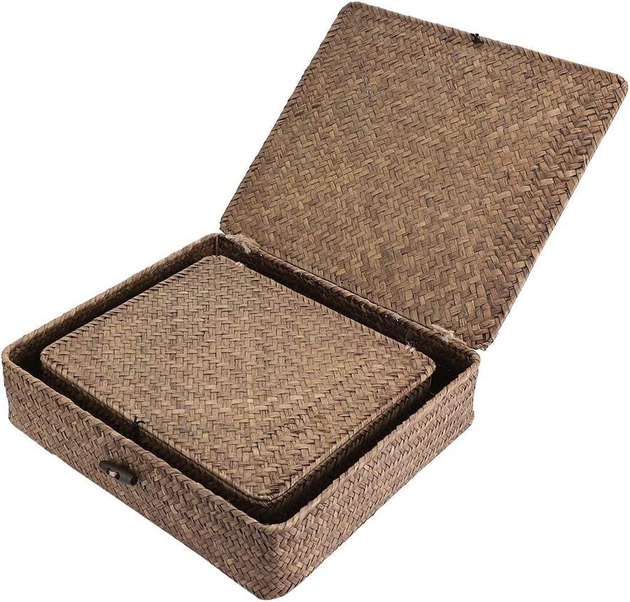 Set of 2 Flat Woven Wicker Storage Bins with Lid Natural Seagrass Basket Multipurpose Home Boxes for Shelf Organizer (Coffee)