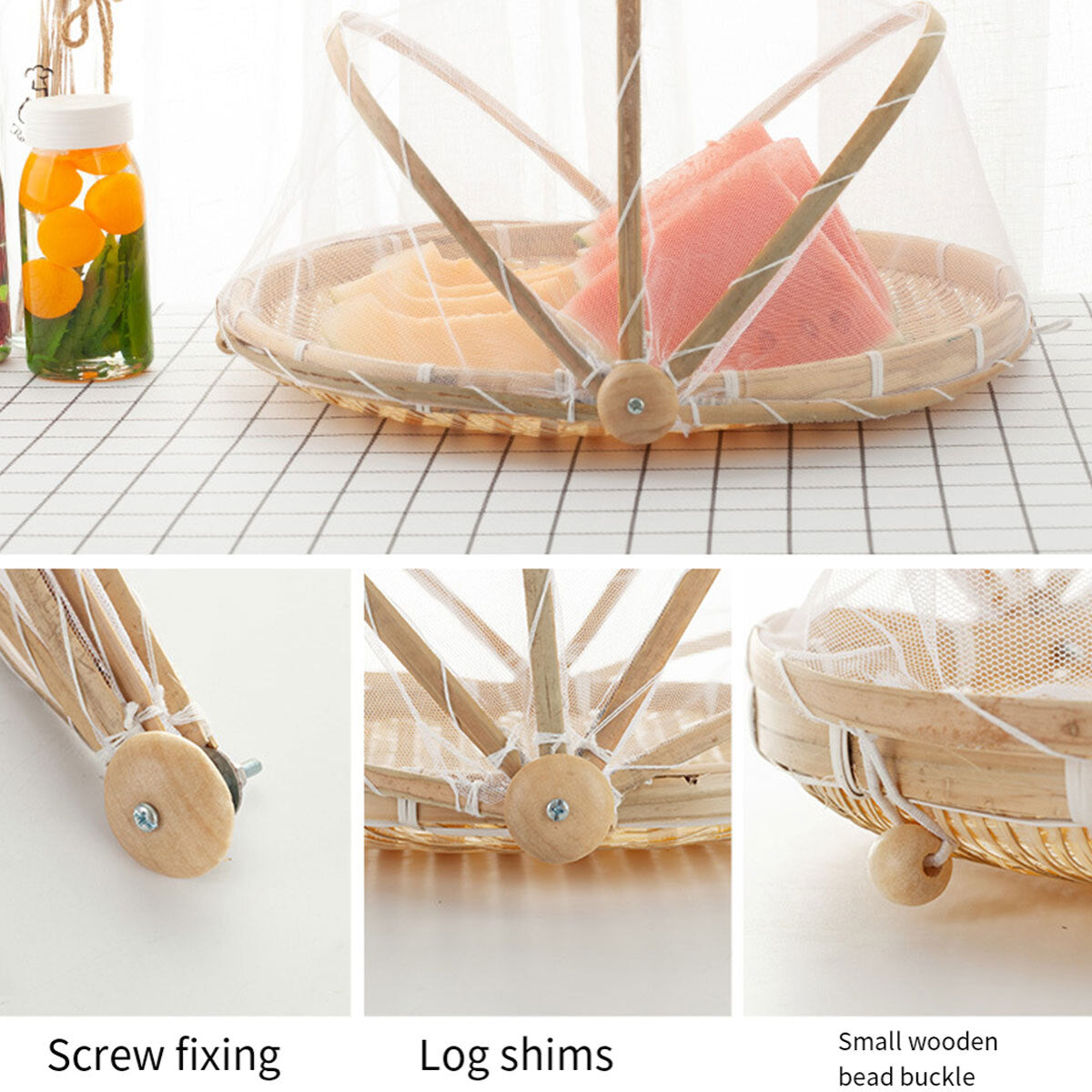 Bamboo Storage Basket with Mesh Cover for Fruit Vegetables Food Bread Kitchen AU