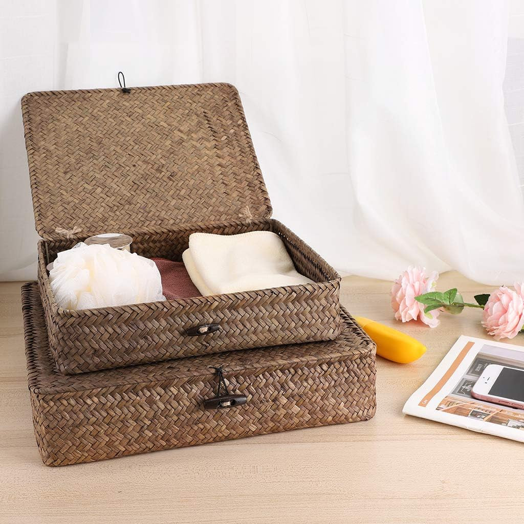 Set of 2 Flat Woven Wicker Storage Bins with Lid Natural Seagrass Basket Multipurpose Home Boxes for Shelf Organizer (Coffee)