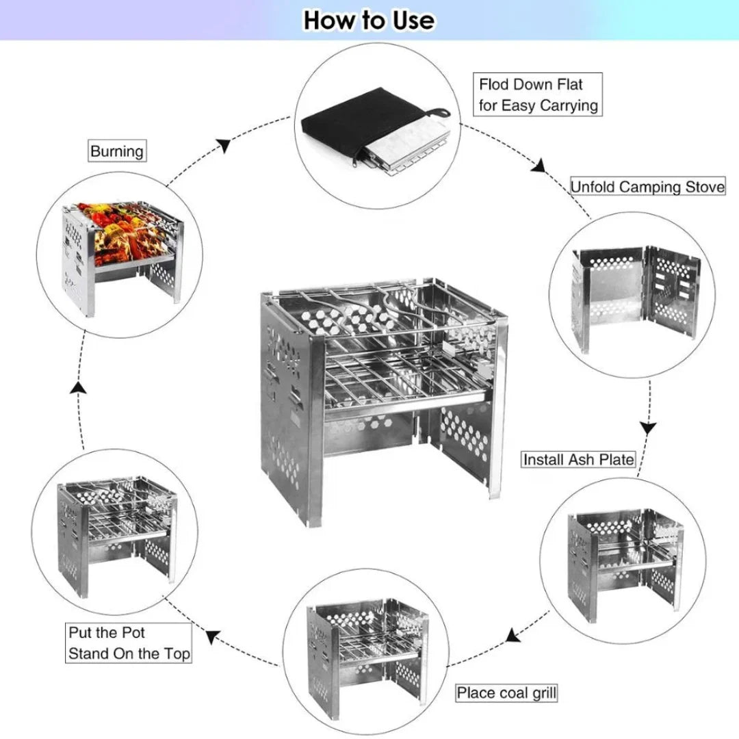Mini Folding Wood Stove – Stainless Steel, Compact