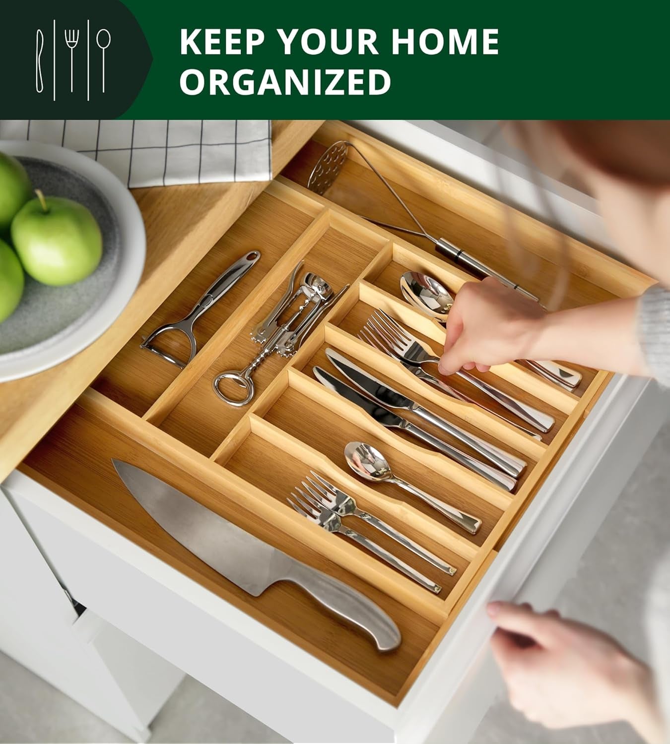 Bamboo Kitchen Drawer Organizer - Expandable Silverware Organizer/Utensil Holder and Cutlery Tray with Grooved Drawer Dividers for Flatware and Kitchen Utensils