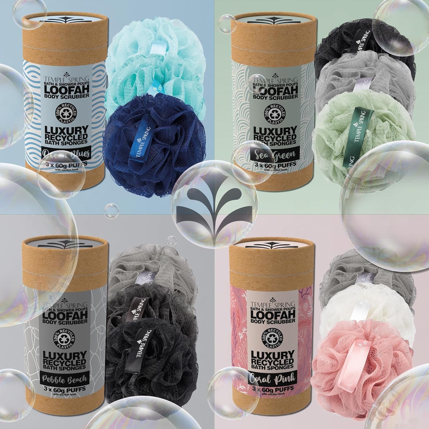 , Eco Recycled Shower Pouf, Bath Loofah, Body Brush, Mesh Sponge, Exfoliating Bath Scrunchie, Multi Pack Bathroom Puff, Toiletries, Foam Balls (Ocean Blues)