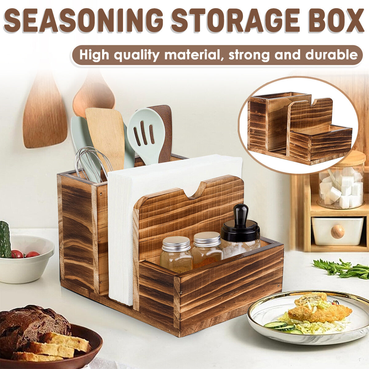 Wooden Spice Storage Box Kitchen Organizer Rack Countertop Container for Herbs