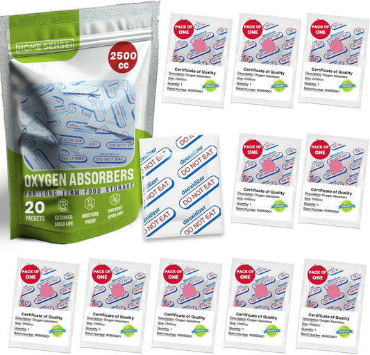 2500Cc Oxygen Absorbers for Food Storage 20 Pack - Individually Packed Max Freshness - Ideal for Mylar Bags, Mason Jars, and Freeze Dried Foods. Moisture Proof, Prevents Spoilage, Extends Shelf Life