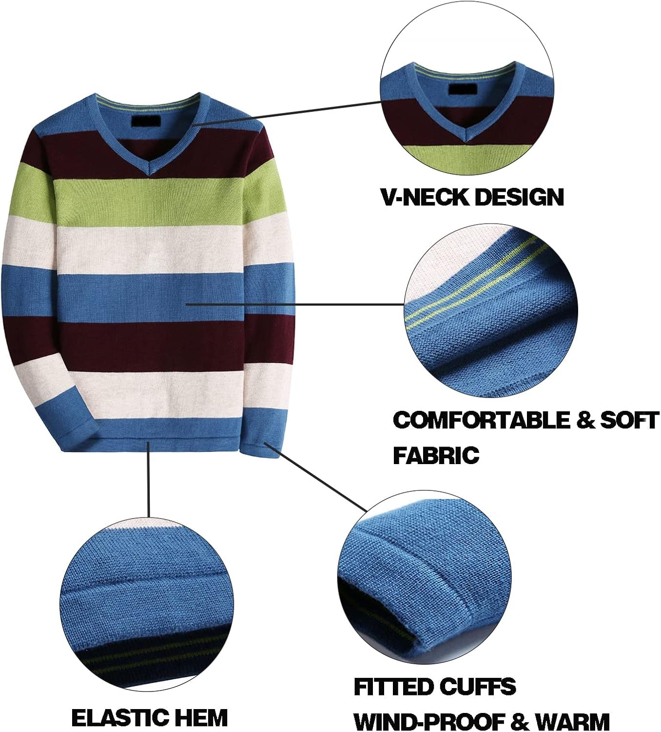 Boy'S Long-Sleeve Sweater Pullover V-Neck 100% Cotton Multicolor Stripe