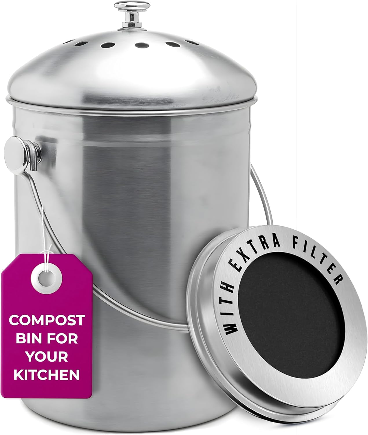 Top Rated  Stainless Steel Compost Bin 1.3 Gallon-Includes Charcoal Filter