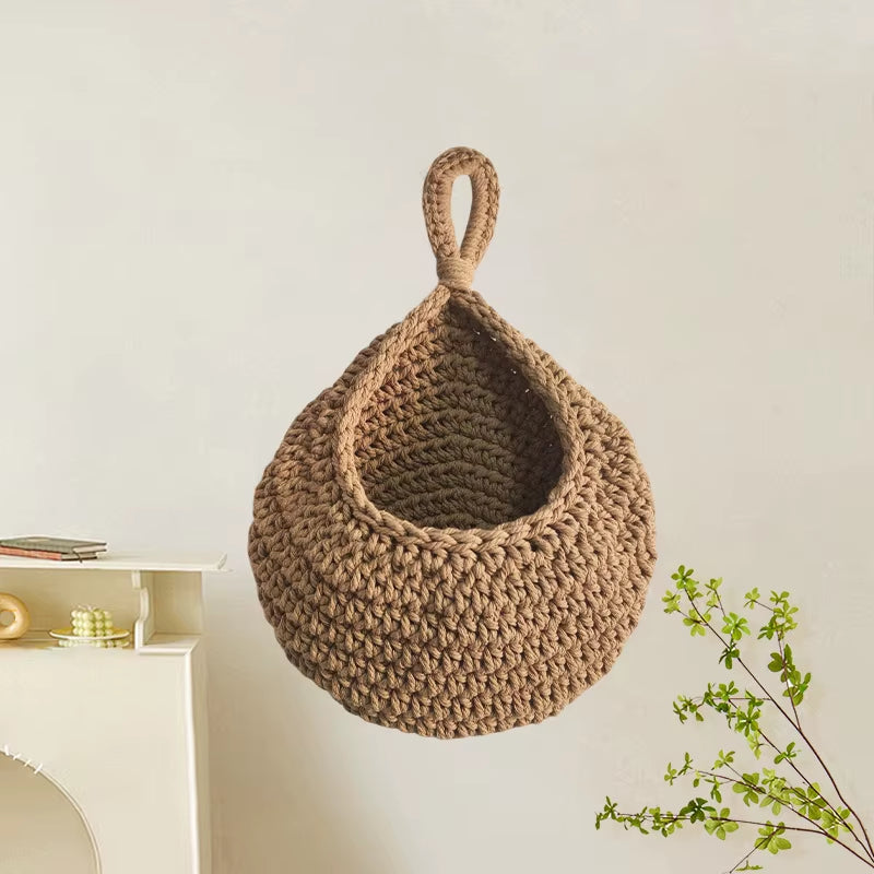 Handwoven Hanging Fruit Vegetable Basket, Organizer Container Decor for Kitchen Garden Mount Wall Plant