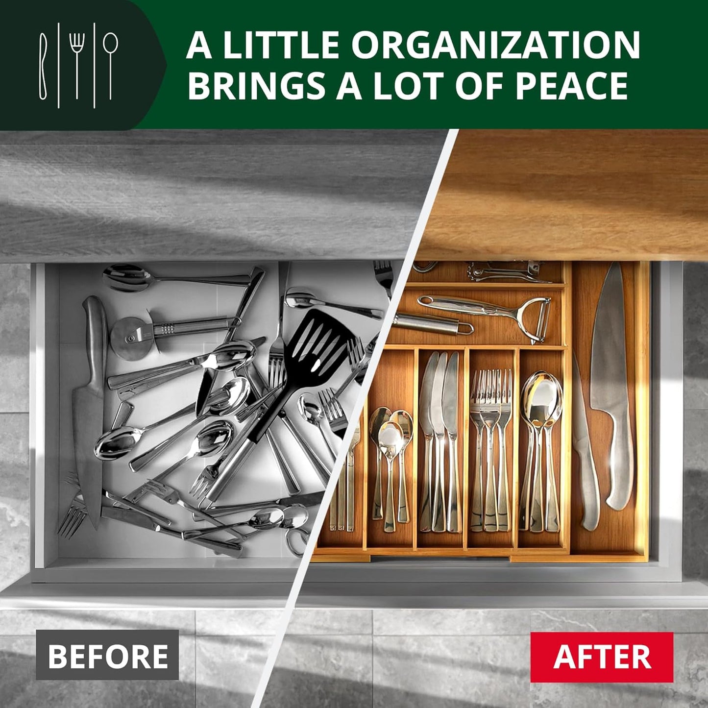Bamboo Kitchen Drawer Organizer - Expandable Silverware Organizer/Utensil Holder and Cutlery Tray with Grooved Drawer Dividers for Flatware and Kitchen Utensils