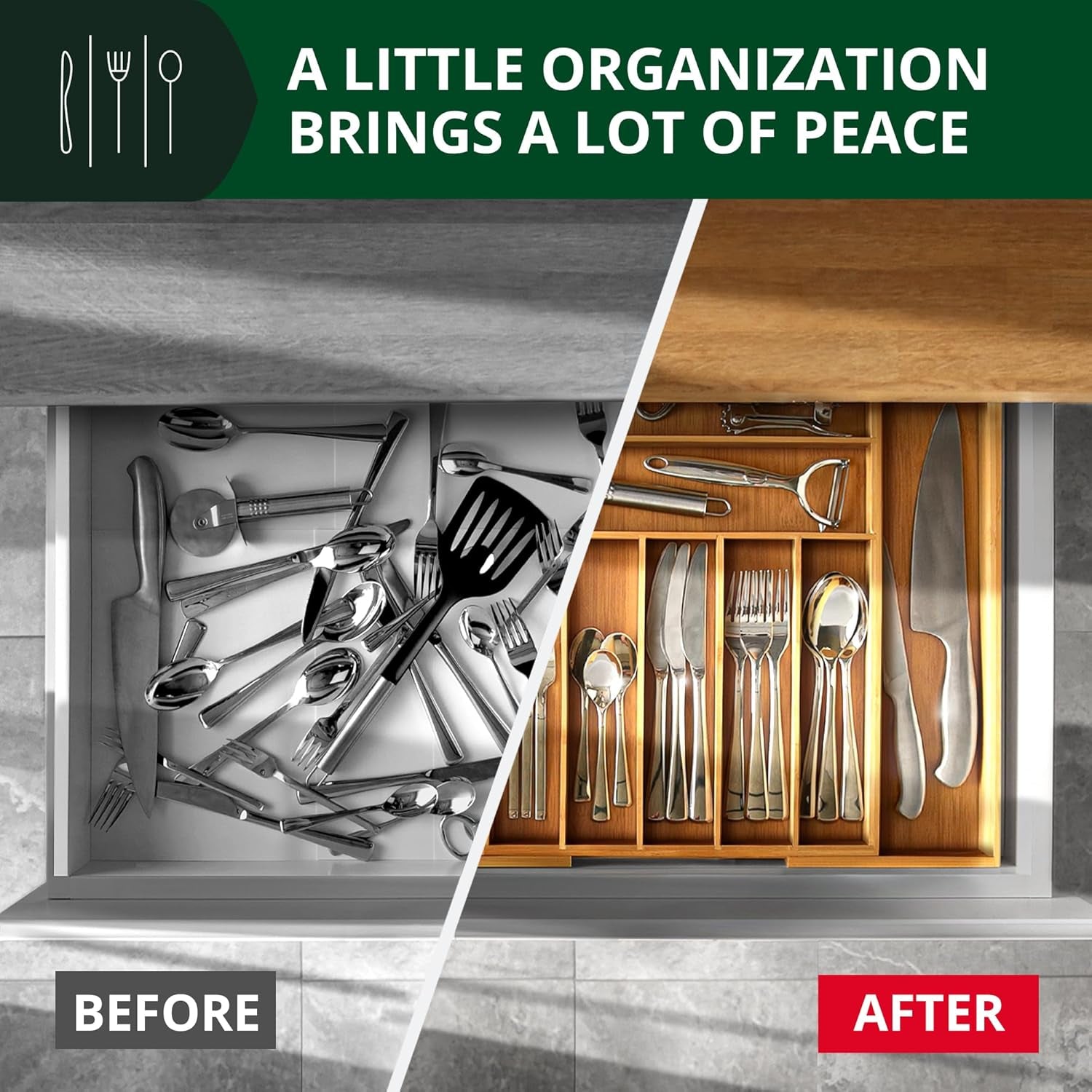 Bamboo Kitchen Drawer Organizer - Expandable Silverware Organizer/Utensil Holder and Cutlery Tray with Grooved Drawer Dividers for Flatware and Kitchen Utensils