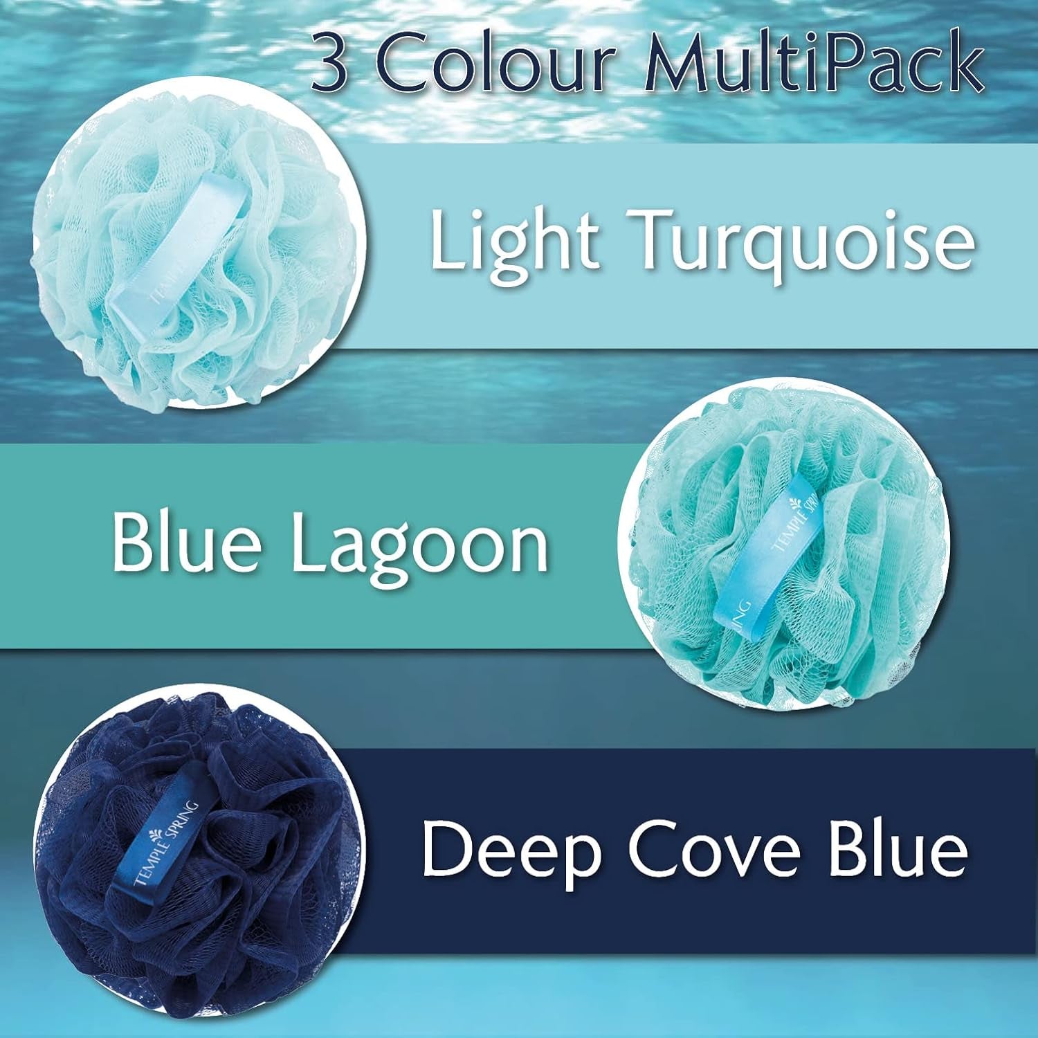 , Eco Recycled Shower Pouf, Bath Loofah, Body Brush, Mesh Sponge, Exfoliating Bath Scrunchie, Multi Pack Bathroom Puff, Toiletries, Foam Balls (Ocean Blues)