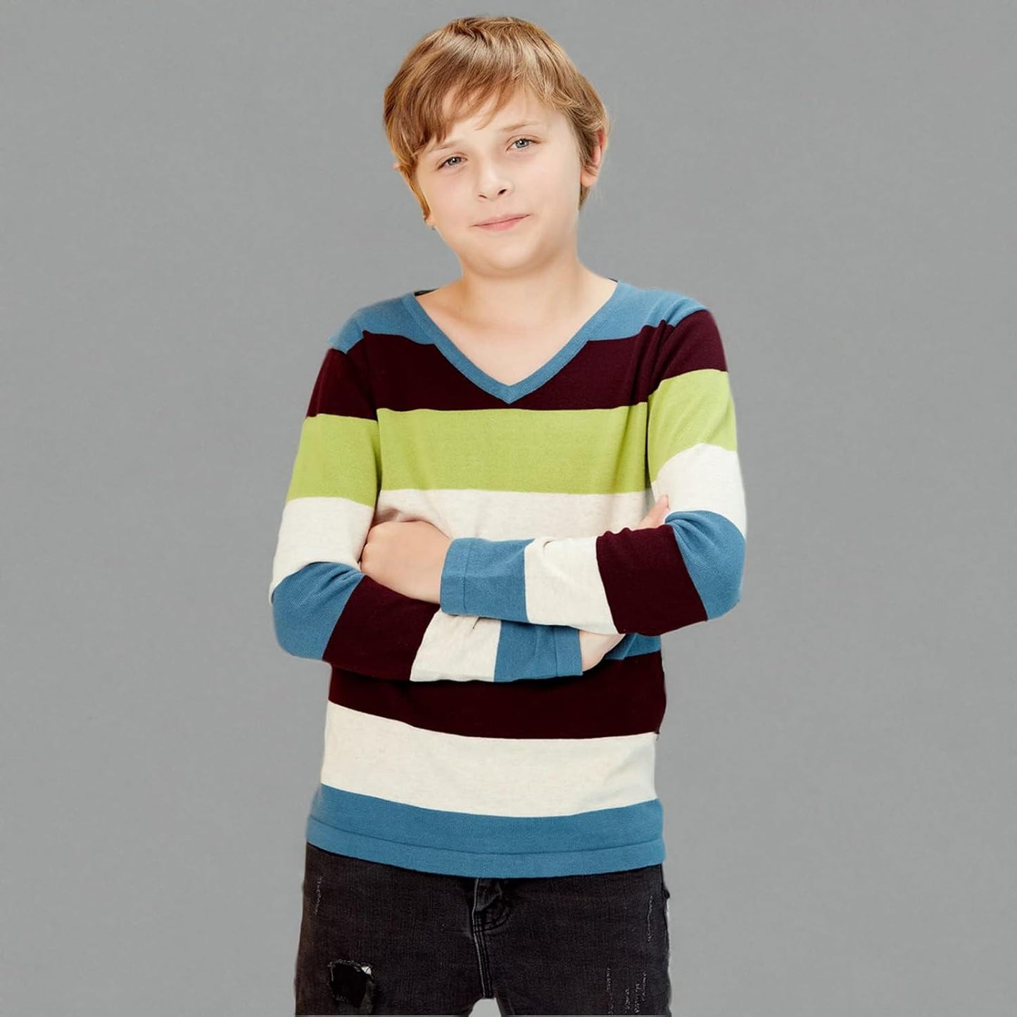 Boy'S Long-Sleeve Sweater Pullover V-Neck 100% Cotton Multicolor Stripe