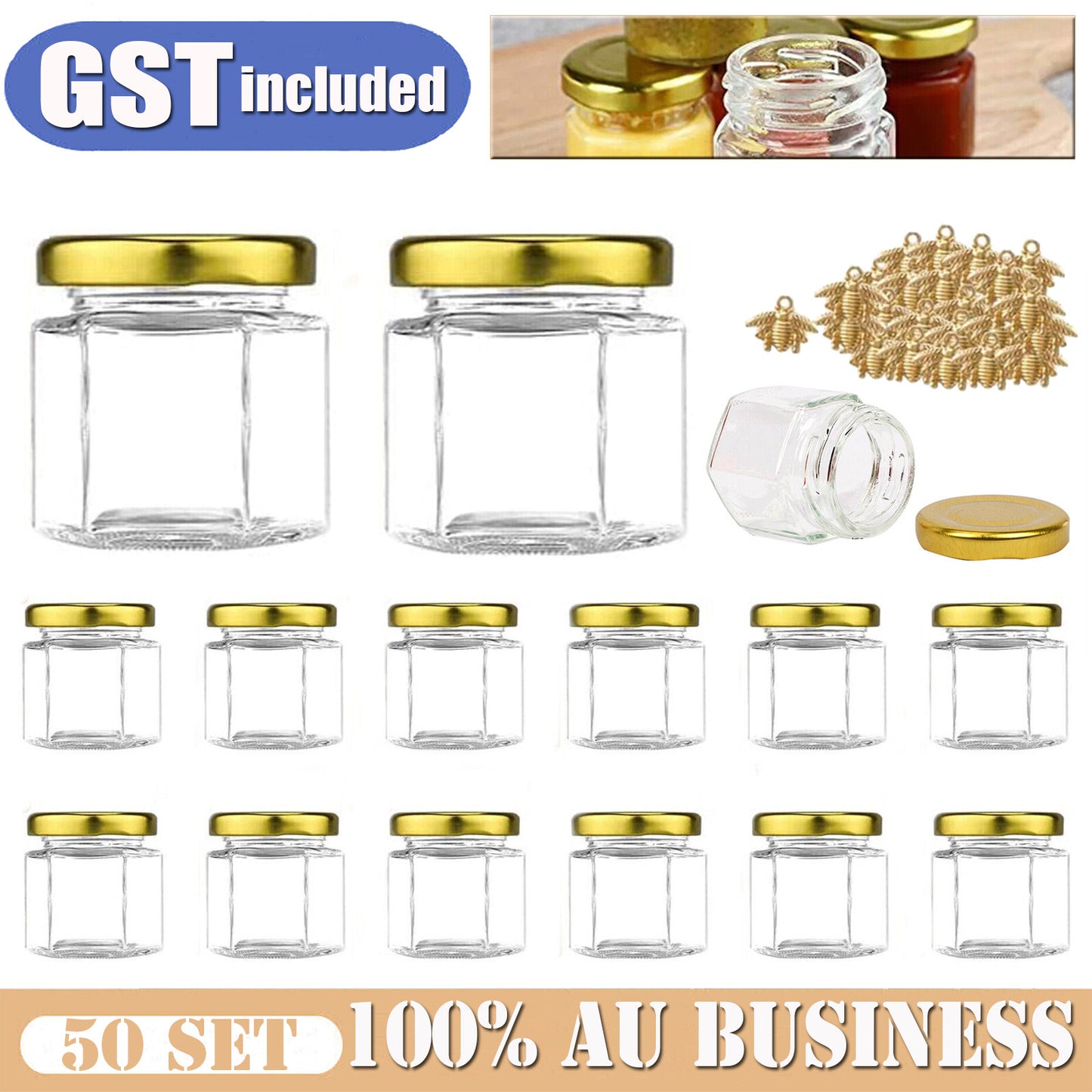 50 Hexagon Mini Glass Jar with Wood Dipper Gold Lid Bee Pendant Jute Rope Small