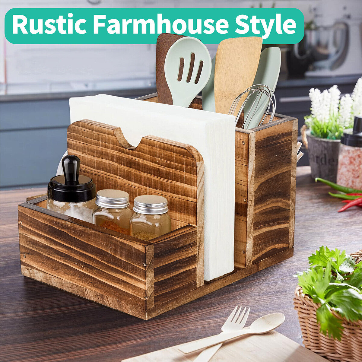 Wooden Spice Storage Box Kitchen Organizer Rack Countertop Container for Herbs