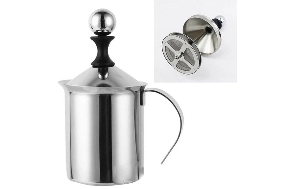 400Ml Double Mesh Manual Milk Frother Stainless Steel Hand Pump Milk Foamer Handheld Milk Frothing Pitchers for Cappuccions Coffee