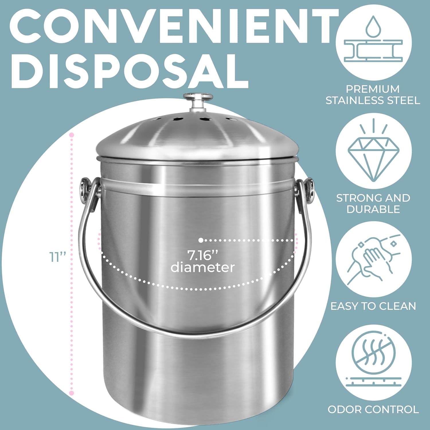 Top Rated  Stainless Steel Compost Bin 1.3 Gallon-Includes Charcoal Filter