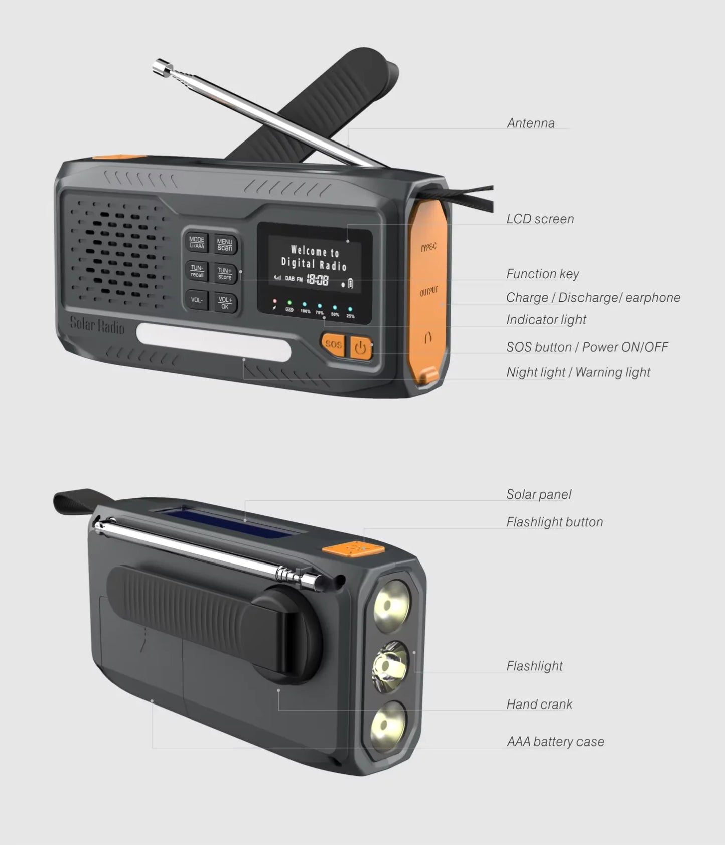 Solar Hand Crank Emergency Radio – Bluetooth, DAB+/FM, 4000Mah Power Bank, LED Torch & SOS Alarm