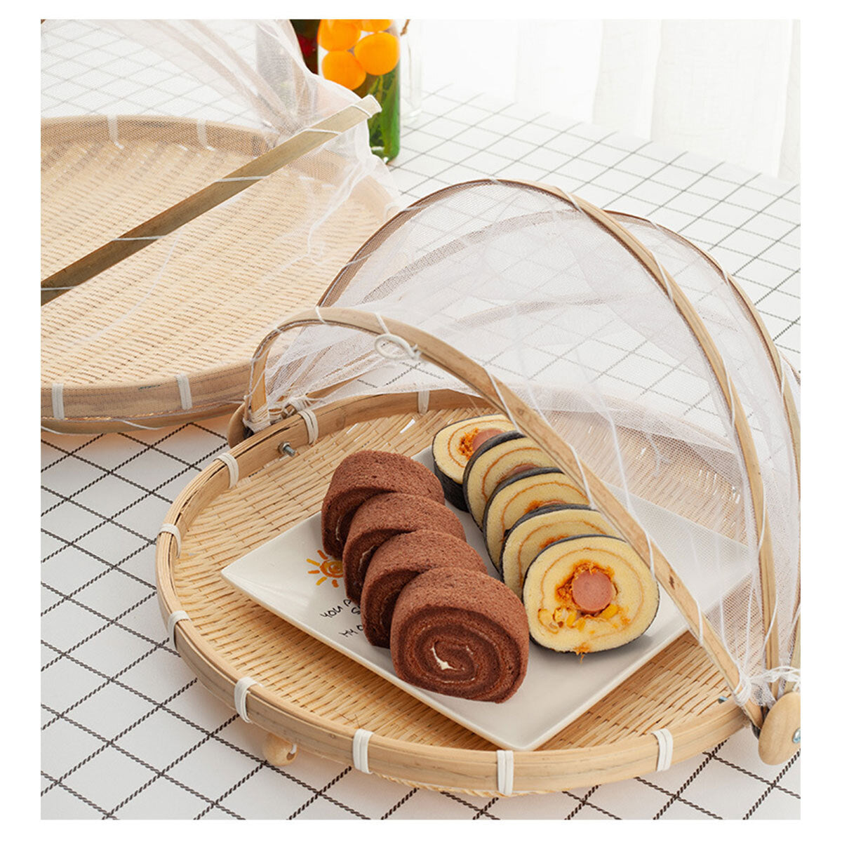 Bamboo Storage Basket with Mesh Cover for Fruit Vegetables Food Bread Kitchen AU